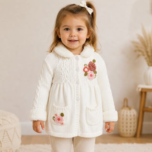 Miss Mona Mouse Other - Miss Mona Mouse Girls Cardigan Size 5 Ivory Floral Faux Fur Cottagecore
